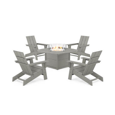POLYWOOD Eastport Modern Adirondack 5-Piece Set with Yacht Club Fire Pit Table in Stepping Stone