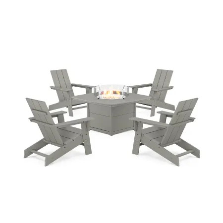 POLYWOOD Eastport Modern Adirondack 5-Piece Set with Yacht Club Fire Pit Table in Stepping Stone