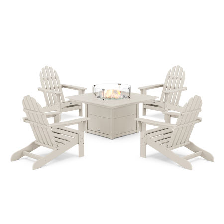 POLYWOOD Cape Cod Adirondack 5-Piece Set with Square Fire Pit Table in Sand Castle