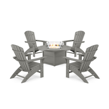 POLYWOOD Yacht Club Adirondack 5-Piece Set with Round Fire Pit Table in Stepping Stone