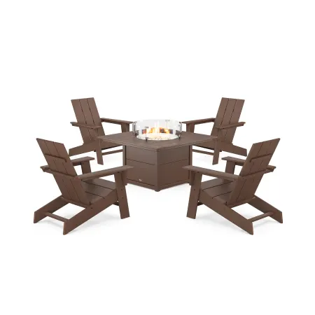 POLYWOOD Eastport Modern Adirondack 5-Piece Set with Square Fire Pit Table in Vintage Lantern