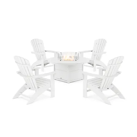 POLYWOOD Yacht Club Adirondack 5-Piece Set with Round Fire Pit Table in Classic White