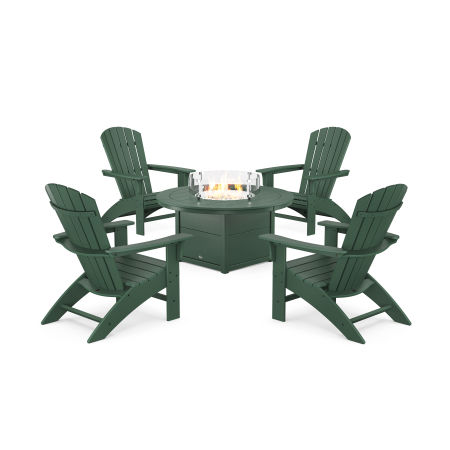 POLYWOOD Yacht Club Adirondack 5-Piece Set with Round Fire Pit Table in Rainforest Canopy