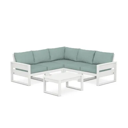 POLYWOOD Eastport 6 piece Deep Seating Sectional + Coffee Table Set in Classic White / Glacier Spa